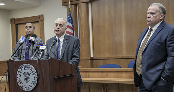 State Comptroller DiNapoli speaks at press event.