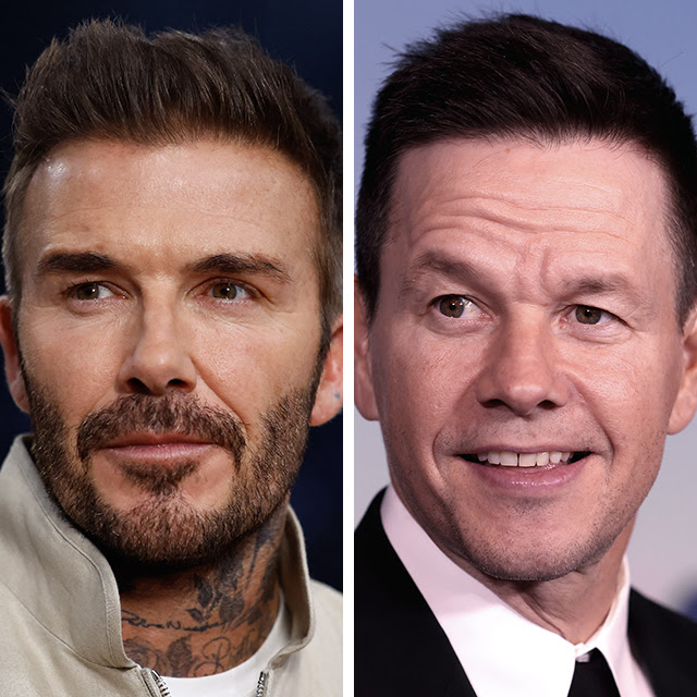 Headshots of David Beckham wearing a cream jacket and of Mark Wahlberg wearing a suit. 