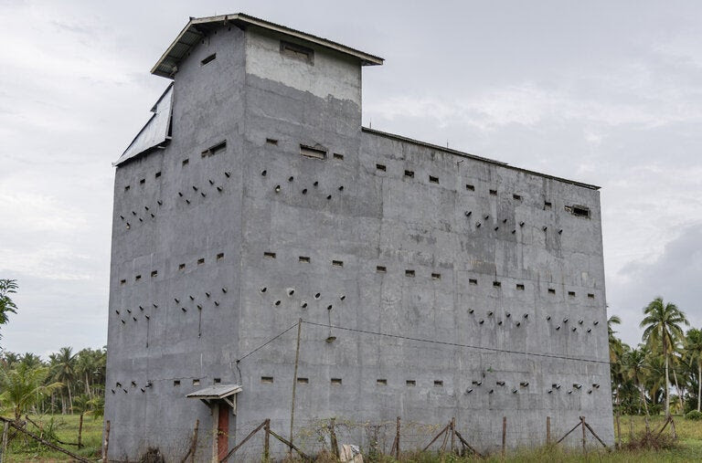 Not a prison nor a fortress, but a bird house on Borneo for swiftlets, whose nests fetch high prices in China.