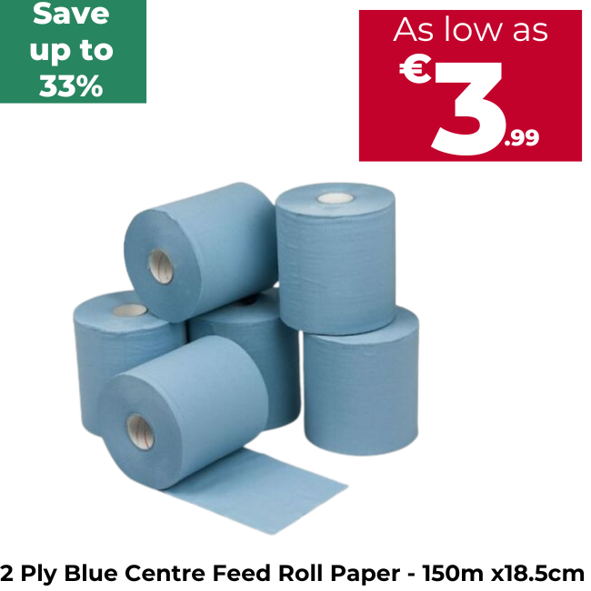 2 Ply Blue Centre Feed Roll Paper - 150m x18.5cm