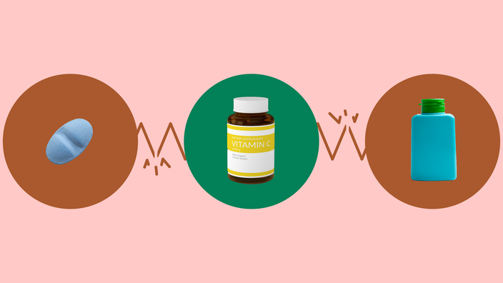 The image shows a light red background with three circles across the frame. In the center, on a green circle, is a Vitamin C bottle. On the left, on a red circle, is a single blue pill. On the right, on a red circle, is a teal and green plastic medicine bottle.