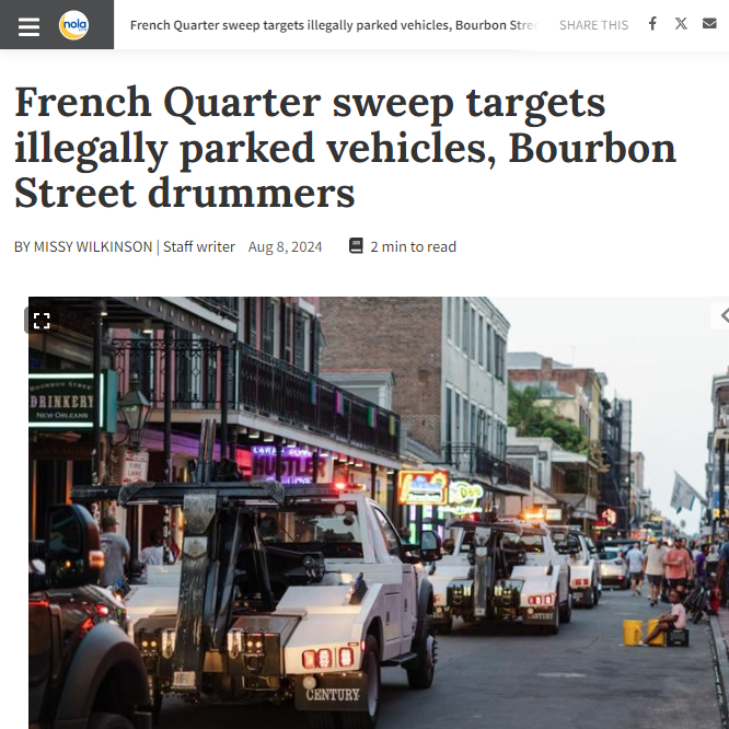 Nola.com headline announcing French Quarter sweep targets illegally parked vehicles, Bourbon Street Drummers