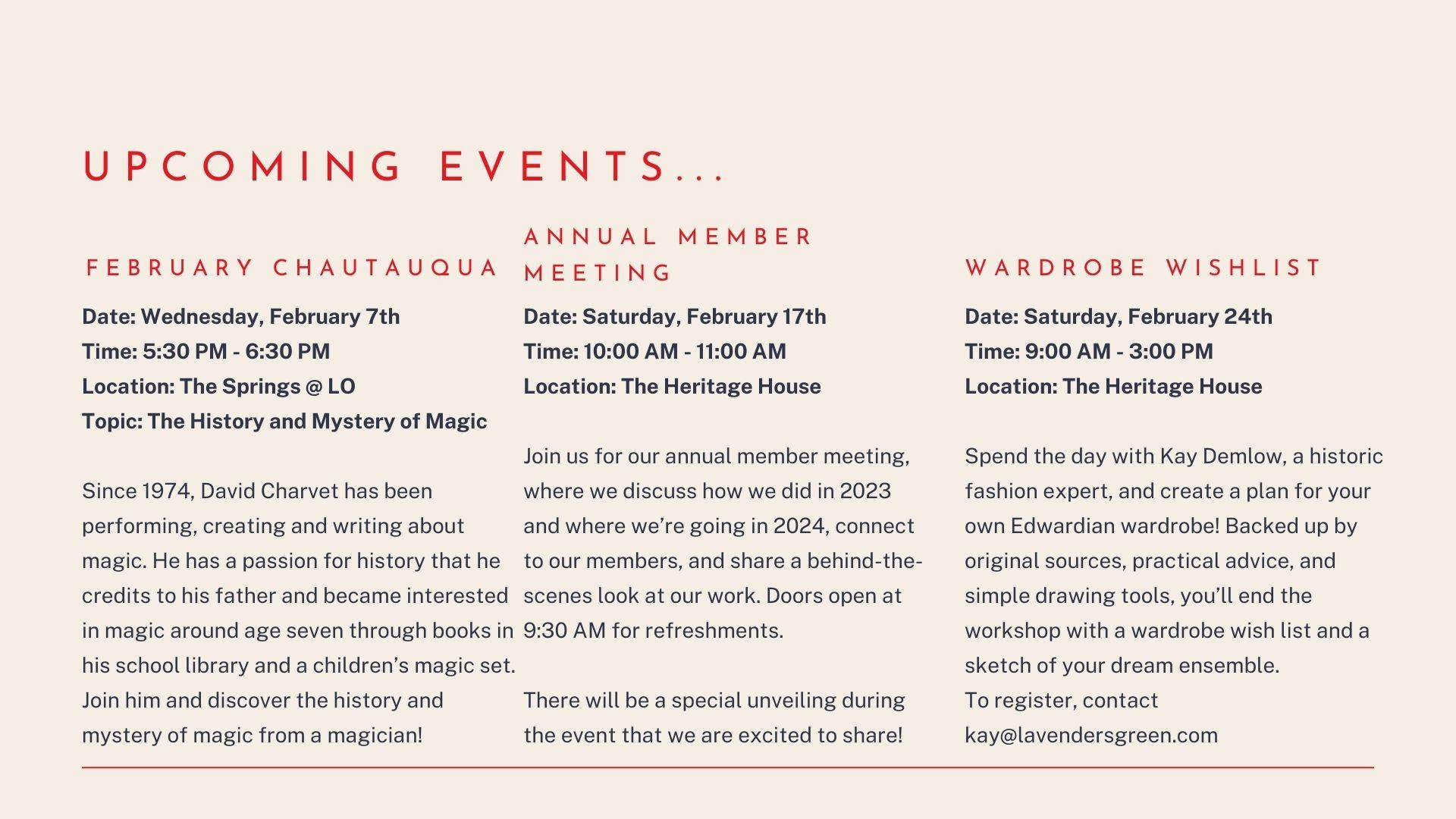 Upcoming events include February Chautauqua, Annual Member Meeting, and Wardrobe Wishlist