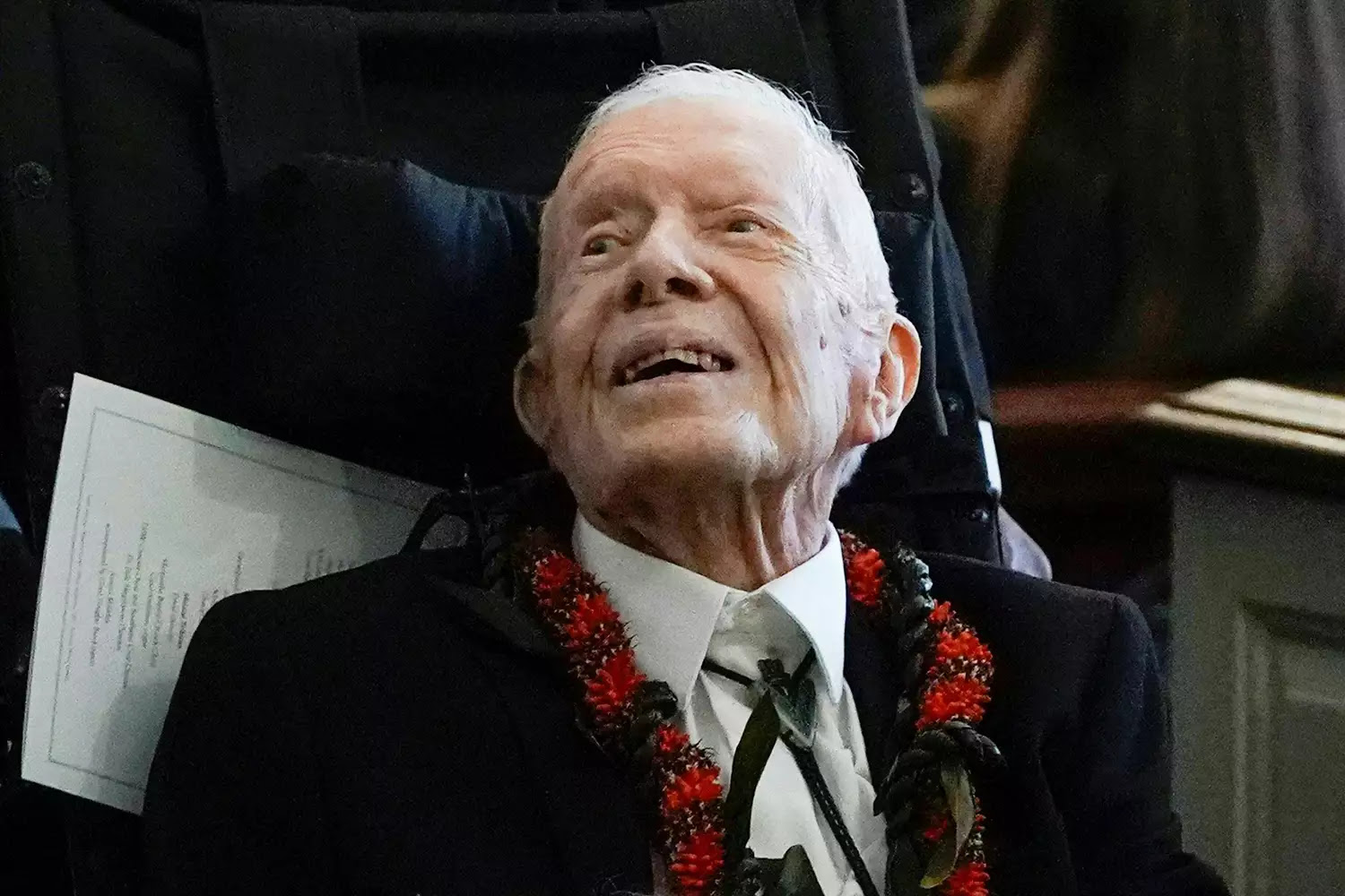 TOPSHOT - Former President Jimmy Carter departs after the funeral service for former first lady Rosalynn Carter at Maranatha Baptist Church, in Plains, Georgia, on November 29, 2023. Carter died on November 19, 2023, at the age of 96, just two days after joining her husband in hospice care at their house in Plains.