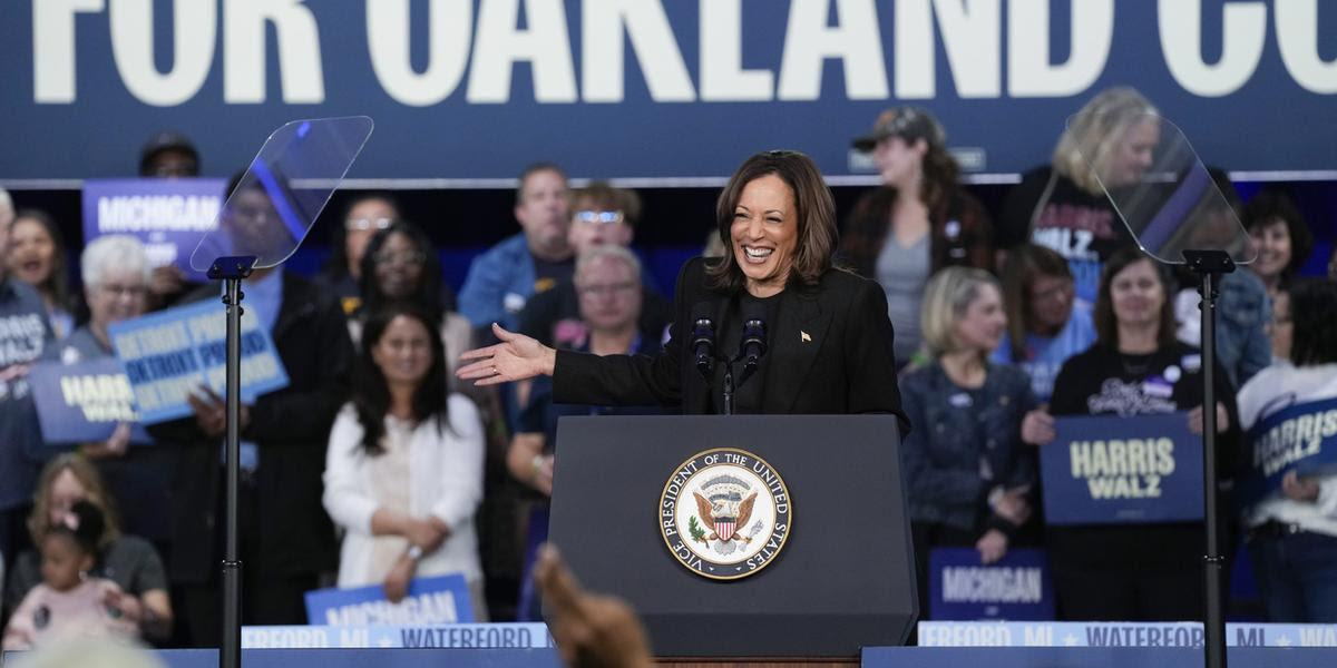 Democratic presidential nominee Vice President Kamala Harris speaks at a campaign rally the Oakland Expo Center in Waterford Township, Mich., Friday, Oct. 18, 2024. (AP Photo/Susan Walsh).Kamala Harris