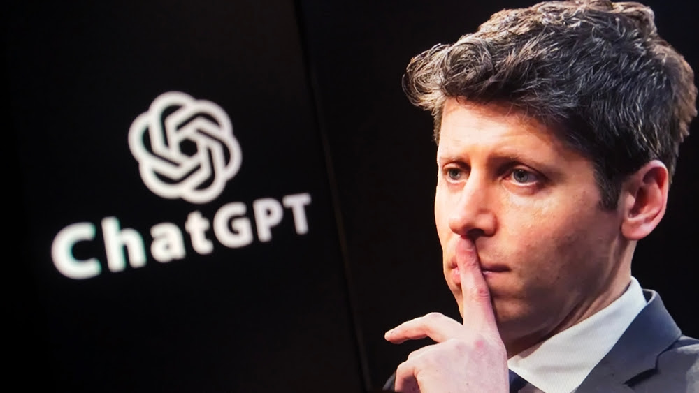 Gros plan de Sam Altman, PDG d'OpenAI. Son visage est visible de profil, la main portée à ses lèvres. À gauche, sur fond noir, on peut voir « ChatGPT » et son logo en blanc.