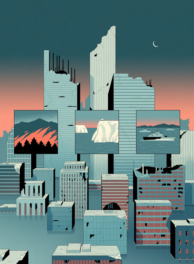 An illustration of a cityscape in ruins with three small insets layered on top of it, showing, from left to right, a forest fire, a broken glacier and a fleet of ships.