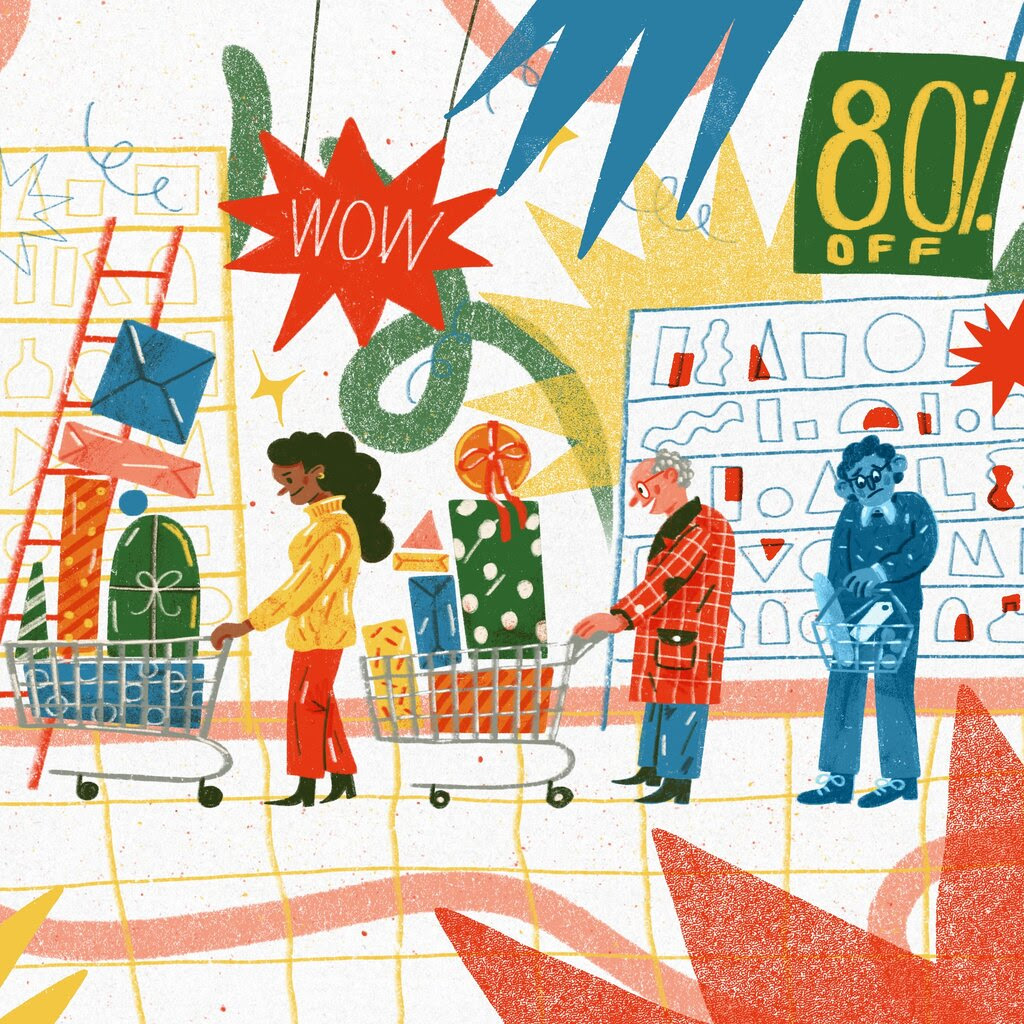 A colorful illustration of people and shopping carts.