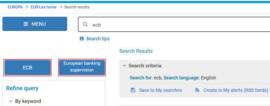 Screenshot of a search results page showing 'ECB' and 'European banking supervision' buttons