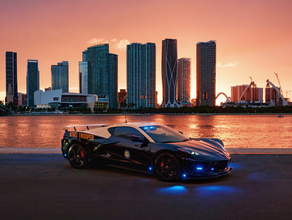 Florida Highway Patrol's new corvette pictured with the Miami Skyline