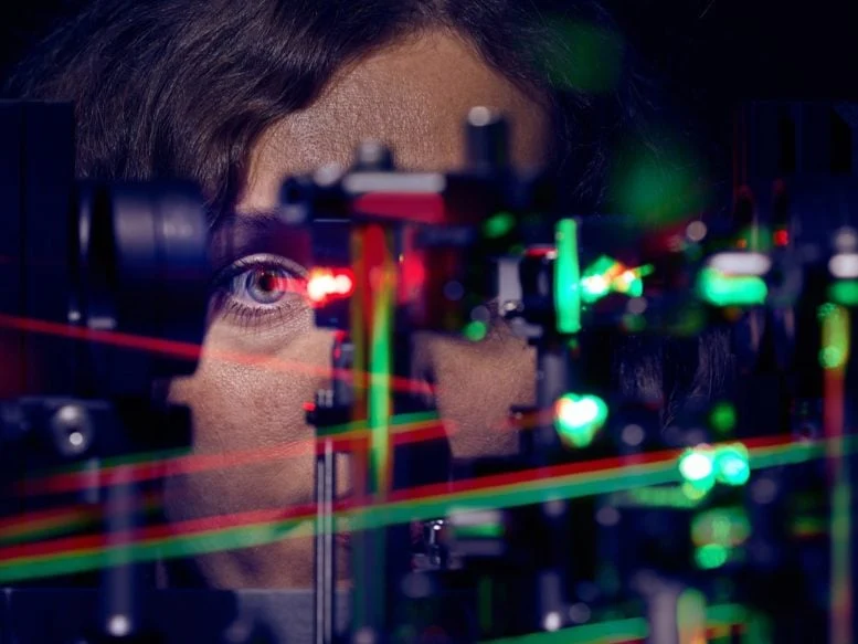 Jenny Witten in Front of the Micro Psychophysical Setup