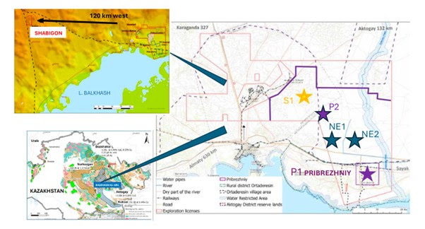 : Location of Pribrezhniy and other deposit areas of interest. P1 = Pribrezhniy; P2 = Prikounradsky; S1 = South Kounrad, NE1 & NE2 = Pribrezhniy Northeast & Northwest. Shabigon is an exclave located 120km west of the main area.