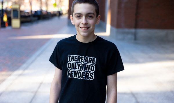 Liam Morrison, an eighth-grader at Nichols Middle School in Middleborough, Massachusetts, wears the T-shirt banned by his school after oral argument in his lawsuit before the 1st U.S. Circuit Court of Appeals on Feb. 8, 2024. (Photo courtesy Alliance Defending Freedom)