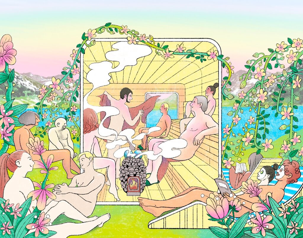 An illustration of many people of many different ages and skin tones wearing no clothes, lounging in a flowery garden and a sauna. Leaves, flowers, books and steam inside the sauna obscure the bathers’ private parts, and in the background, there is a bright blue lake and a snow-dappled mountain range.