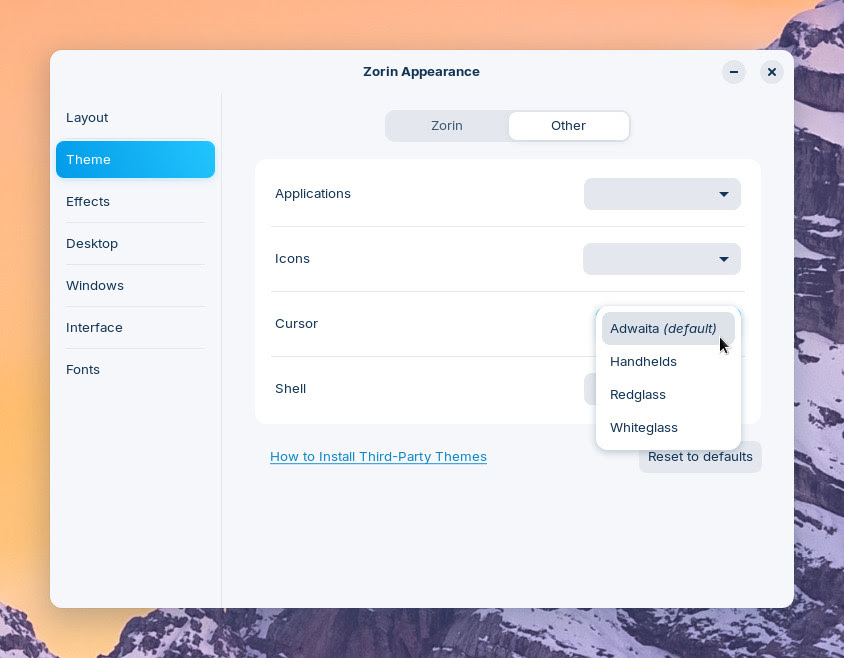Cursor theme drop-down menu in Zorin Appearance