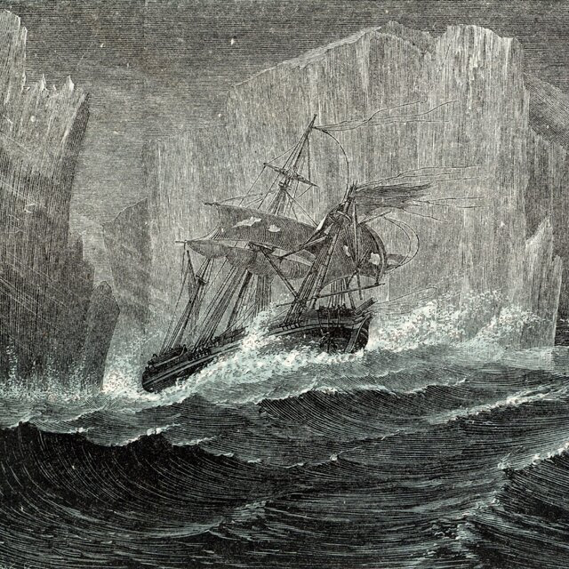 A colored woodblock shows two ships in stormy seas with high waves approaching a giant iceberg. One of the two ships, in the distance, appears to be striking the iceberg.