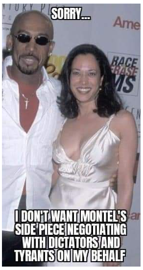 Insulting meme claiming Kamala Harris slept with Montel WIlliams.