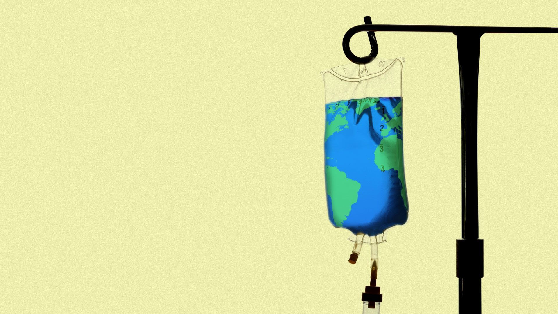 Illustration of an IV drip with a world map in its bag