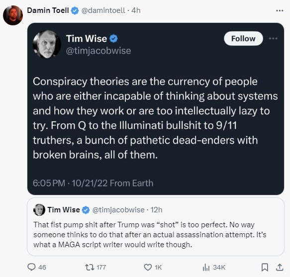 Hypocrite Tim Wise condemns conspiracy theorists then becomes one.