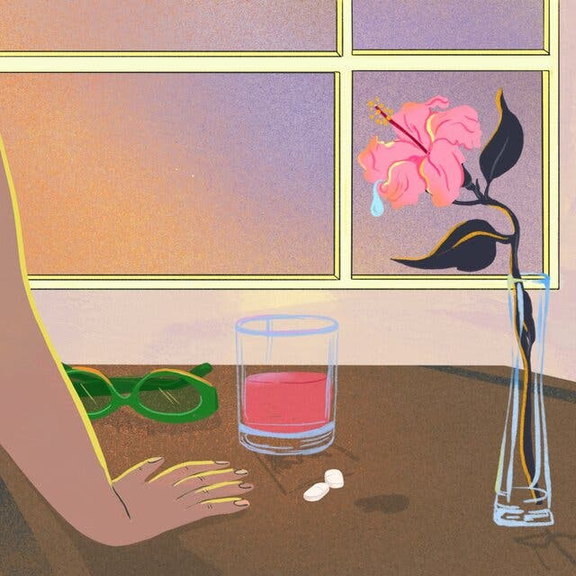 An illustration of a person standing beside a table, facing a window. The person’s hand is resting on a table that has green sunglasses, a glass of cranberry juice, two pain relief tablets and a hibiscus flower in a vase.