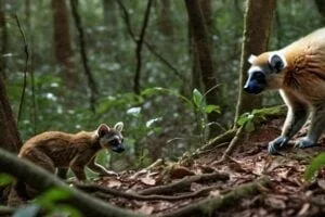 An illustration depicting a fosa stalking a diademed sifaka lemur in the isolated Betampona Strict Nature Reserve in Madagascar