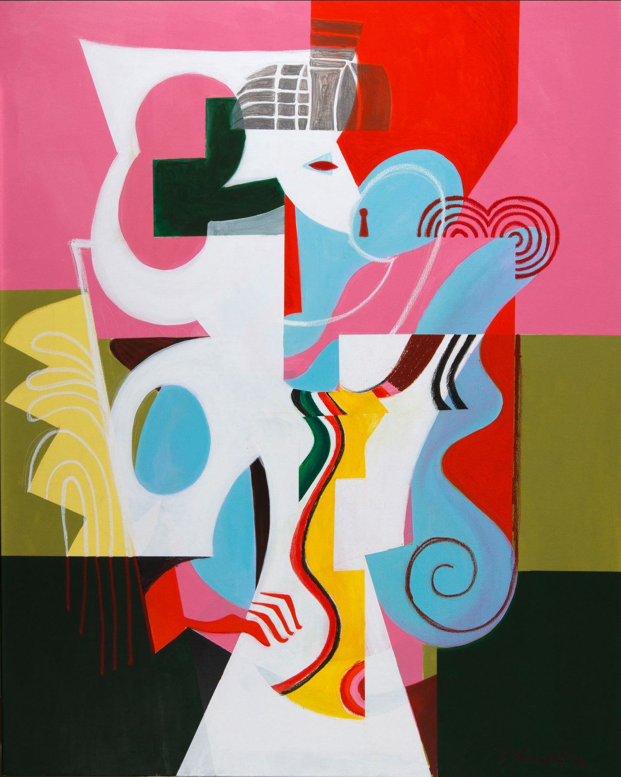 An abstract painting composed of pinks, reds, light blues, and greens, with the semblance of a human shape at the centre