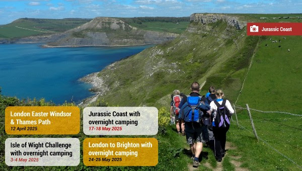 A photo of a group of people trekking over cliffs next to the sea. With details of the London Easter Windsor and Thames Path walk, London to Brighton walk, Isle of Wight Challenge and Jurassic Coast walk, overlaid.