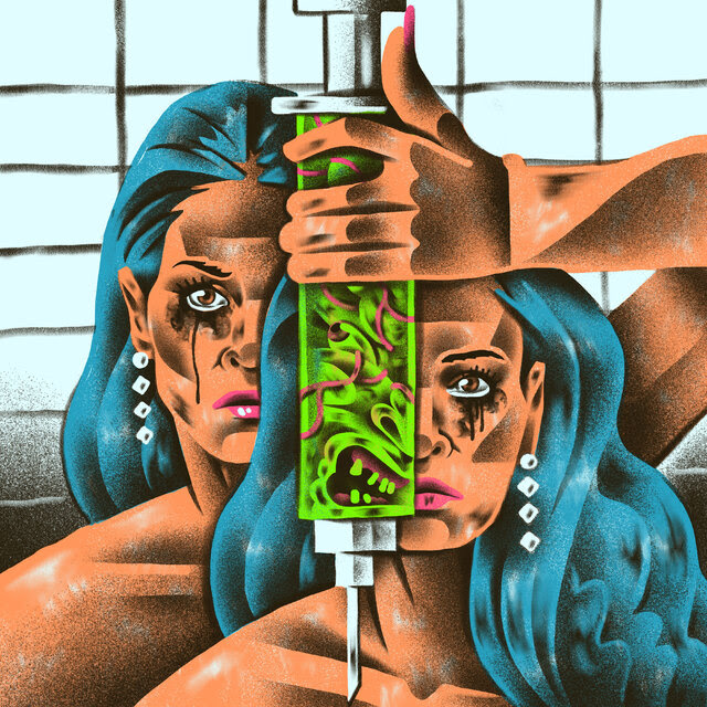 An illustration of a woman with blue hair, runny eye makeup and a long sparkling earring, in duplicate, holding a huge syringe filled with green liquid and facial parts.