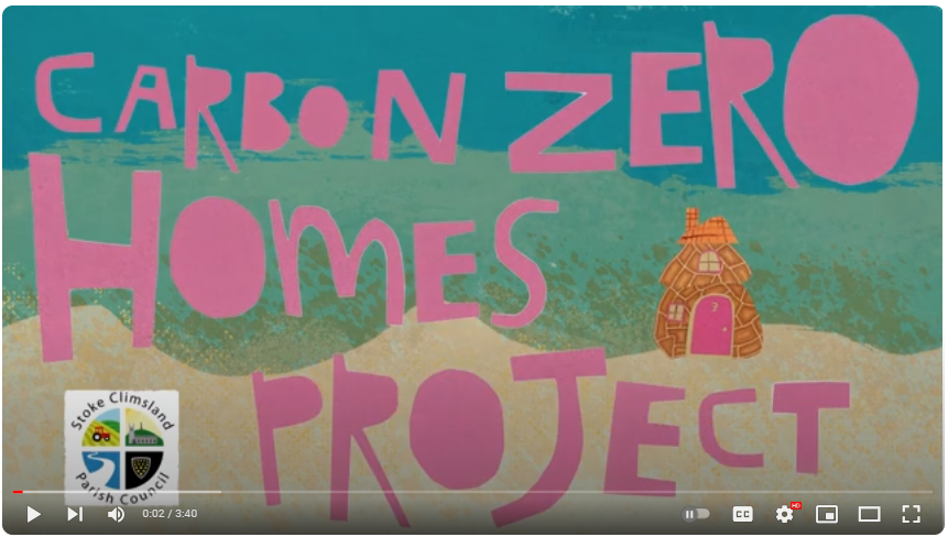 A graphic still of the video - of an underwater world with a tiny house on the sand bed. Reads Carbon Zero Homes Project