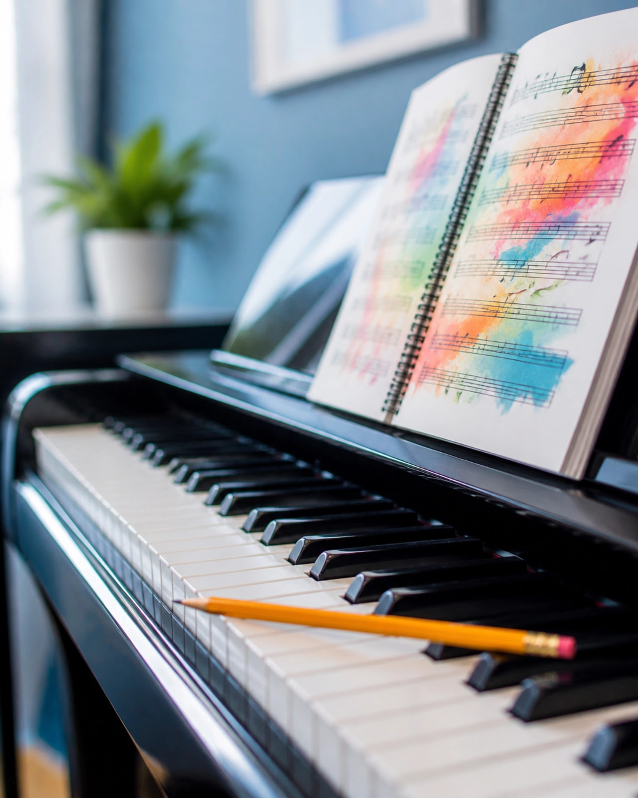 Piano keyboard with a music book and pencil, ready for a focused practice session. Piano keyboard with a music book and pencil, ready for a focused practice session.