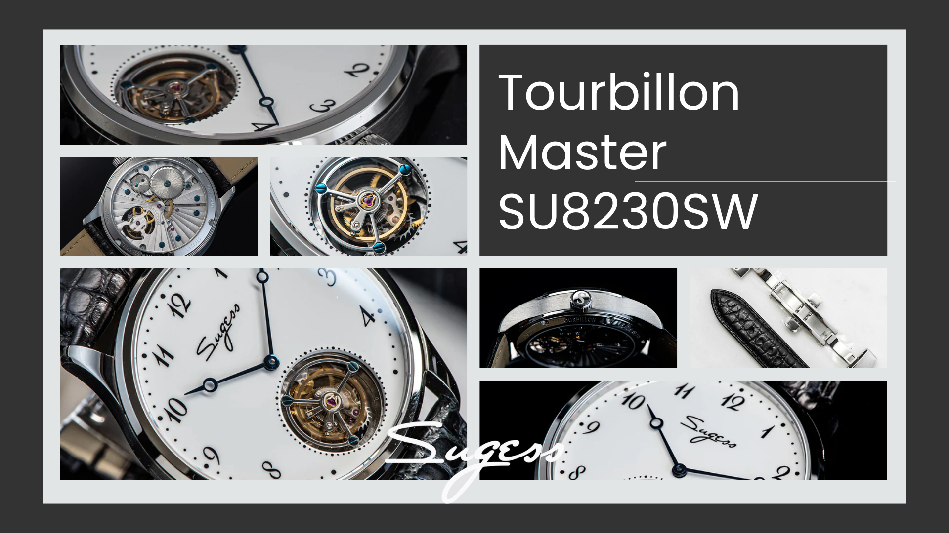 Collage showcasing the Sugess Tourbillon Master SU8230SW with detailed views of its tourbillon movement, dial, case, and leather strap.