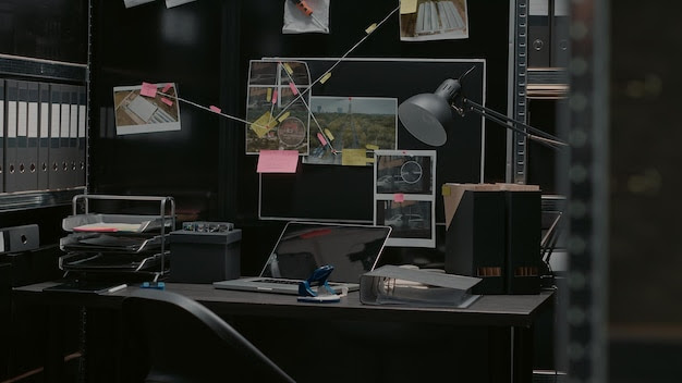 Evidence room office with detective board and desk, crime scene photos and case files on walls. Empty police inspector archive space with crime suspects, witness statements and sticky notes.