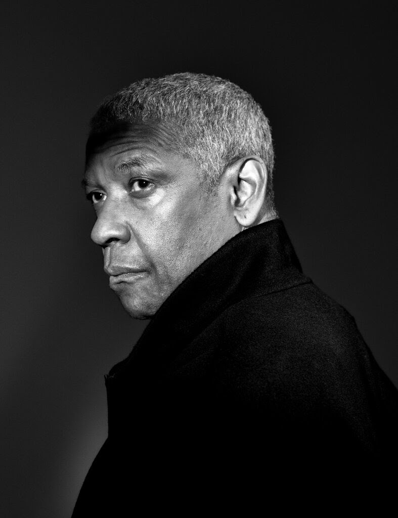 A black-and-white image of Denzel Washington. 