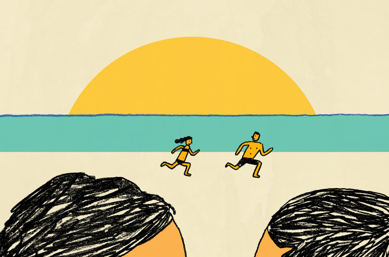 A blue and yellow illustration. In the foreground, the author and her ex-boyfriend, who is in a wheelchair, are whispering. In the background, a younger version of them runs on the beach under a sunset.