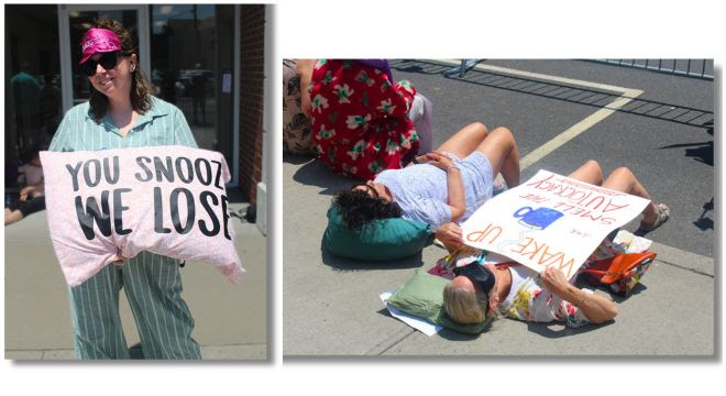 Photos of Indivisibles in pajamas standing outside of Rep Andrew Garbarino's office holding pillows and signs that read YOU SNOOZE WE LOSE and WAKE UP TO AUTHORITARIANISM