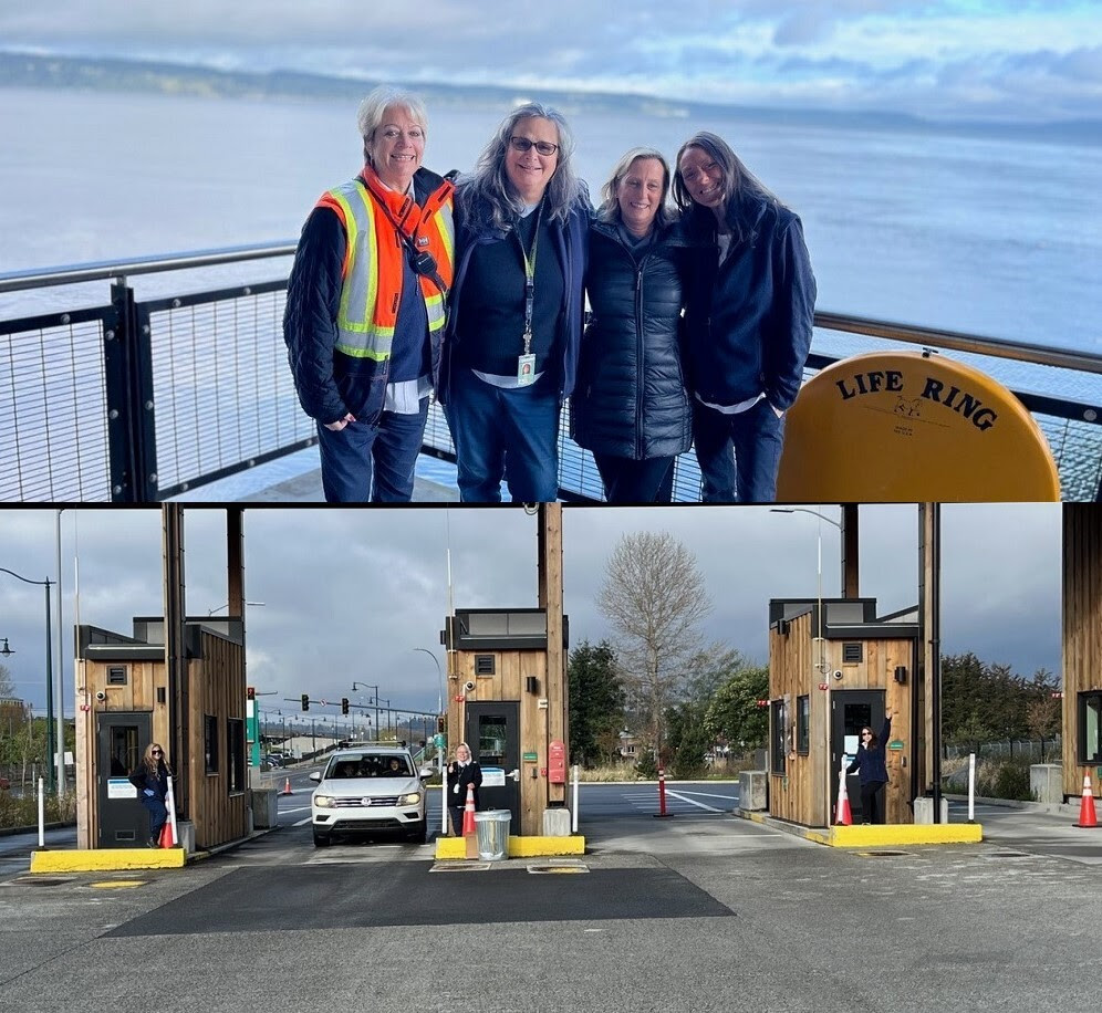 Four people posing for a photo in front Puget Sound on top and three people in front of tollbooths at a ferry terminal on bottom