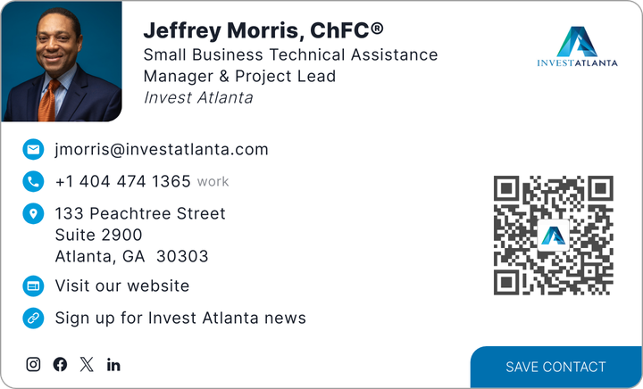 This is Jeffrey Morris's card. Their email is jmorris@investatlanta.com. Their phone number is +1 404 474 1365.