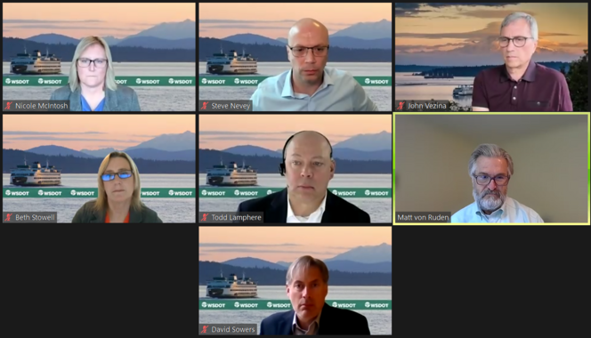 Screenshot of seven people during a webinar