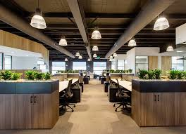 The image shows a modern office environment with an open floor plan. It features rows of desks with built-in, plant-filled dividers, pendant lighting hanging from an exposed ceiling, and a neutral color palette that creates a contemporary and functional workspace.