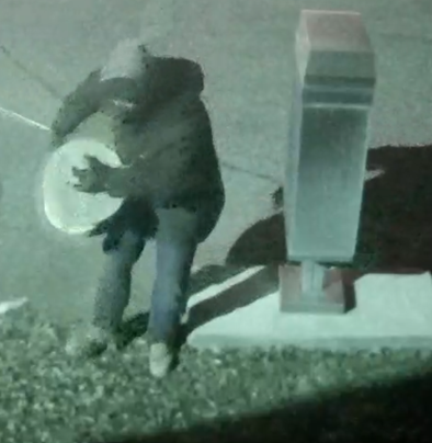 Image of burglary suspect in dark clothing holding round object 