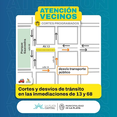 Mapa de cortes de tránsito y desvíos en Avenida 13, La Plata, debido a obras de reparación de asfalto. Incluye desvío del transporte público por calle 14 y cortes en las inmediaciones de 68 y 69