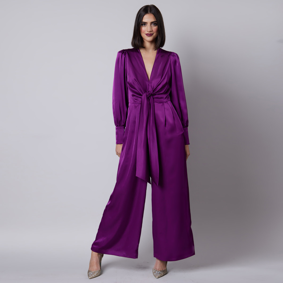 Image of Deedee Belted Polka Dot Jumpsuit Plum