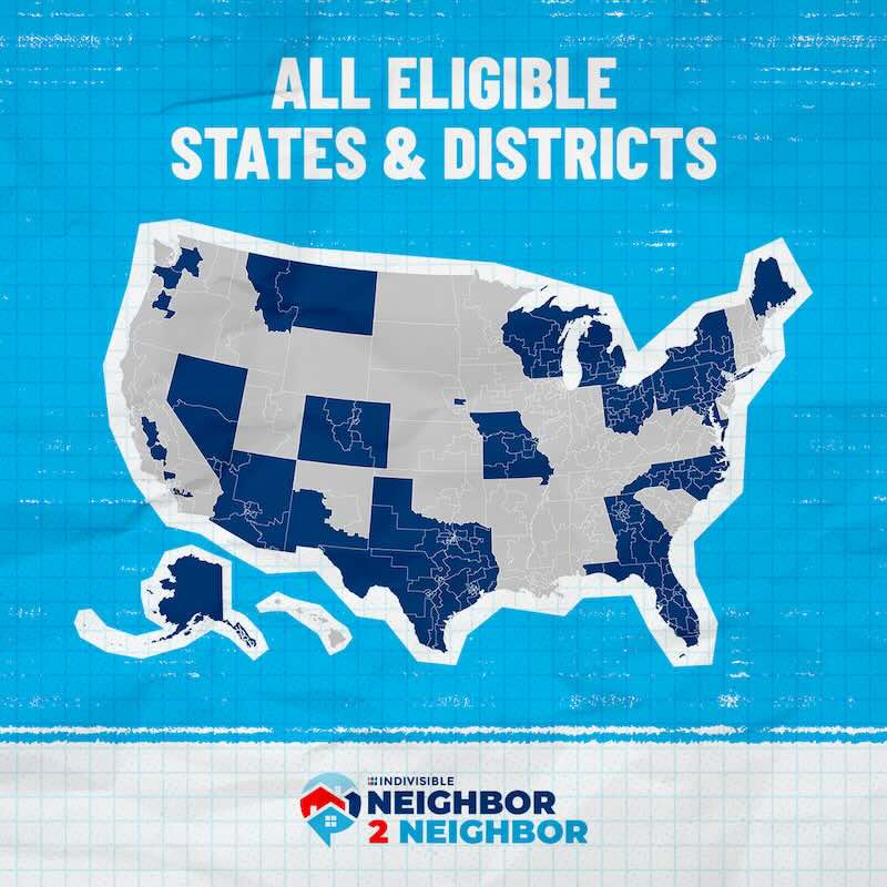 Neighbor2Neighbor eligible districts and states map of the US with the eligible states and districts colored a dark blue