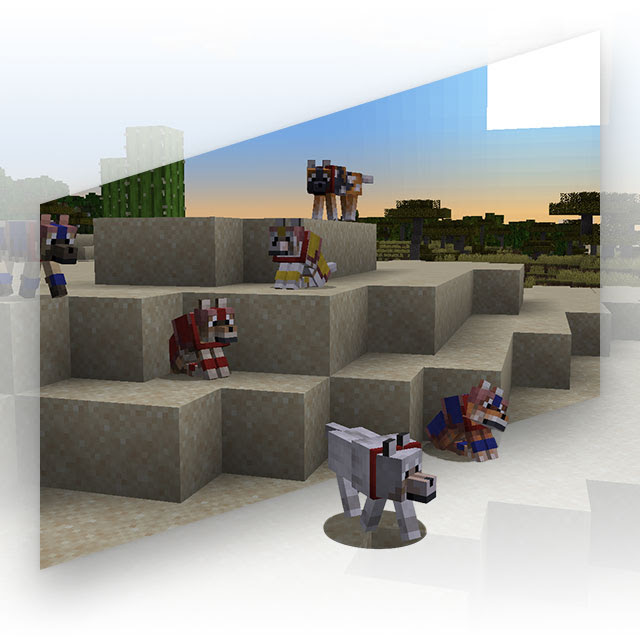 An image of six wolves with various designs standing on rocky terrain as seen in the game Minecraft.