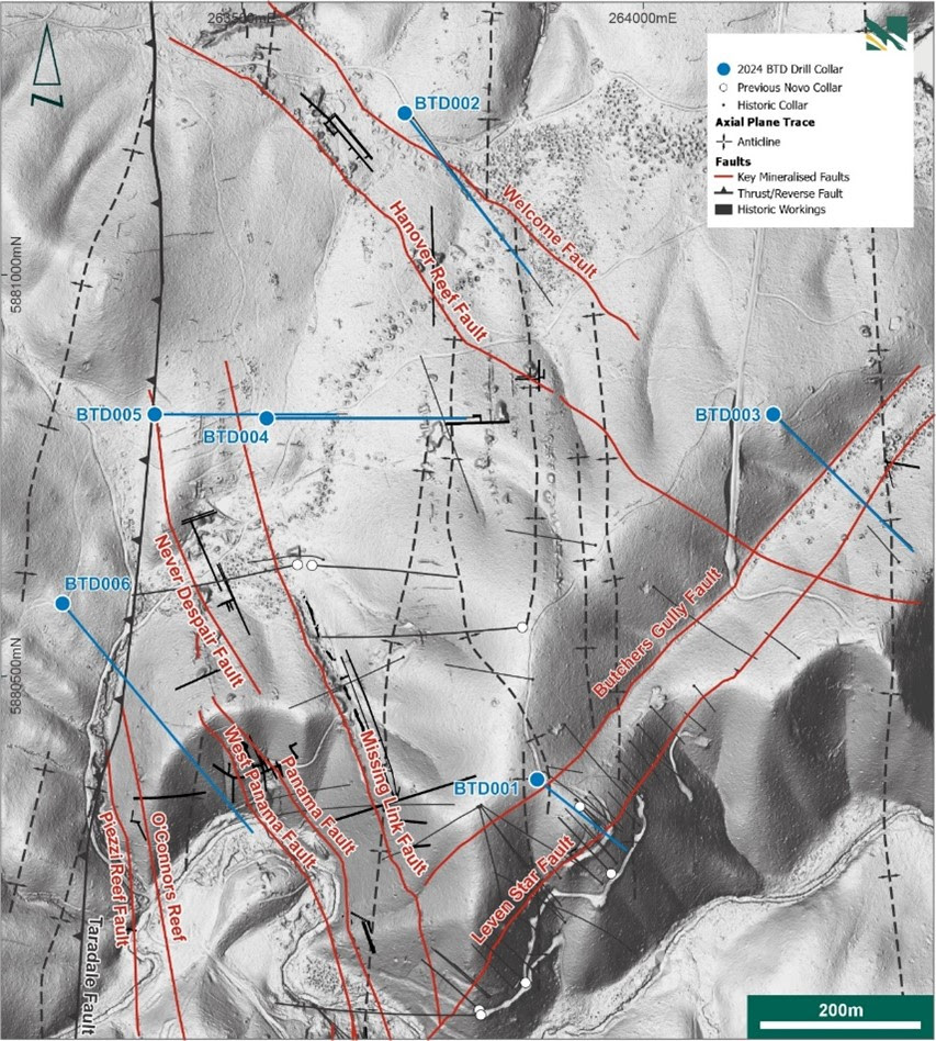 Collar location map (LIDAR) and drill azimuth for the six recently completed diamond drill hole at Belltopper. Key structural elements and target mineralised reefs (red lines) also delineated.