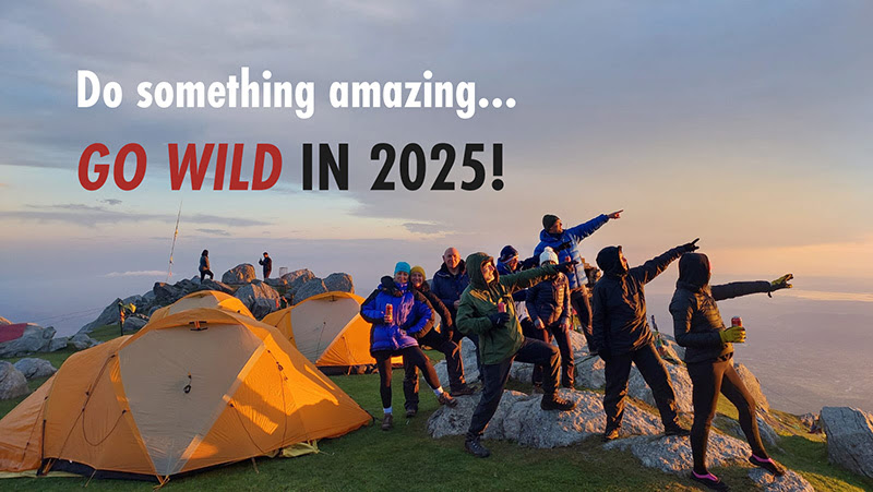 A photo of a group of people standing together at the top of a mountain, pointing into the distance. The words 'Do something amazing... GO WILD in 2025' are overlaid.