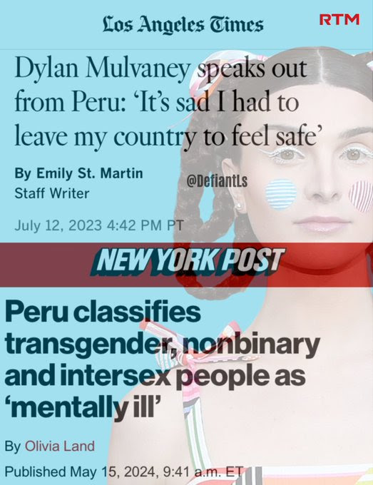 Hypocrite Dylan Mulvaney leaves USA for Peru for safety reasons. Peru is more dangerous.