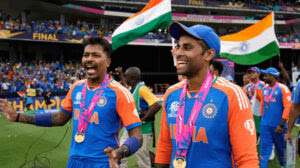 Suryakumar Yadav and Hardik Pant after winning the T20 World Cup