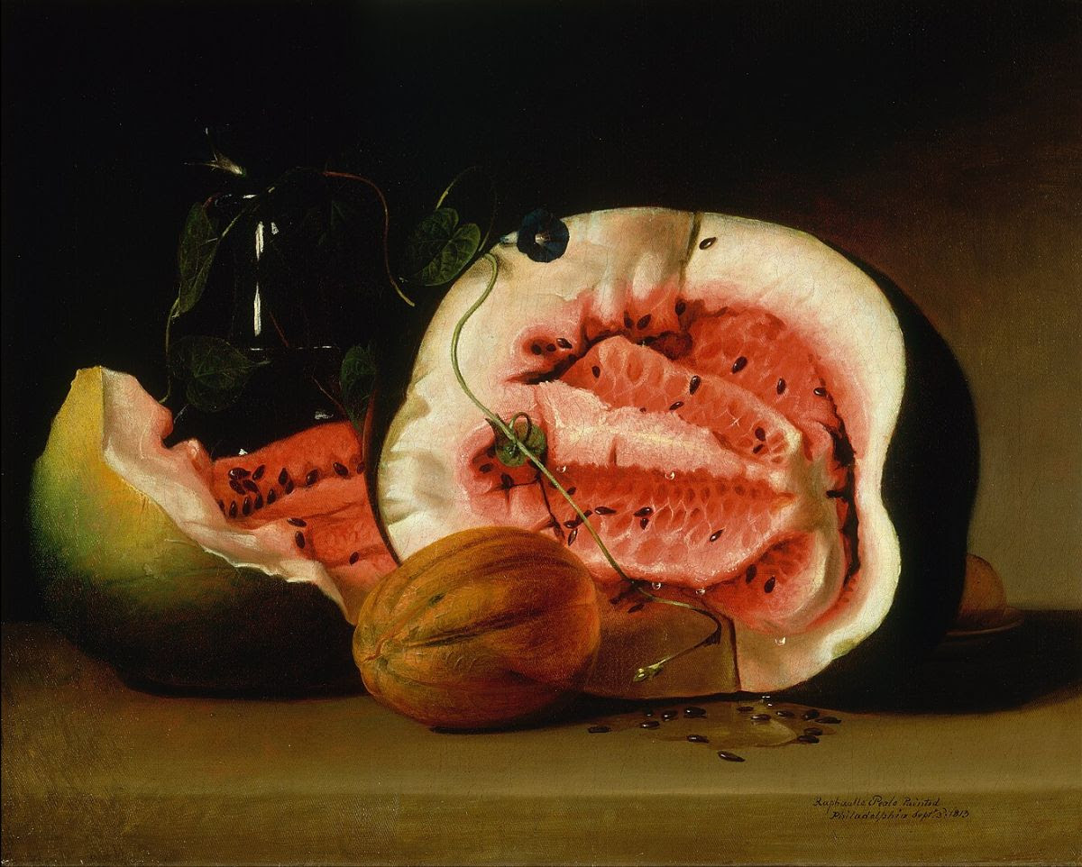 A moody painting of two melons covered with a flower vine A moody painting of two melons covered with a flower vine