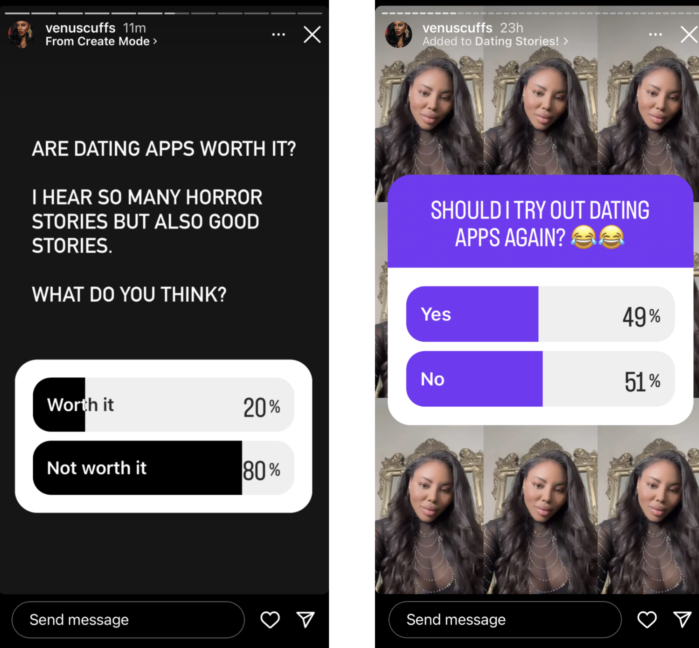 image of IG stories highlighting 80% don't like dating apps, and 50% still recommend trying it out